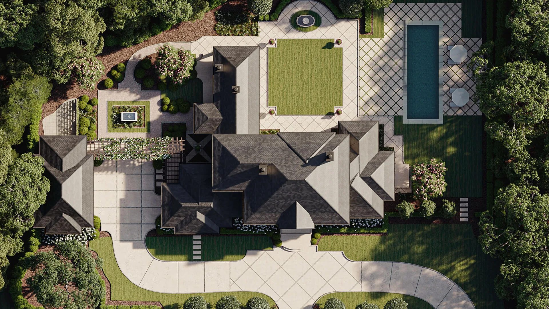 Aerial house 3D rendering showing the roof and garden layout