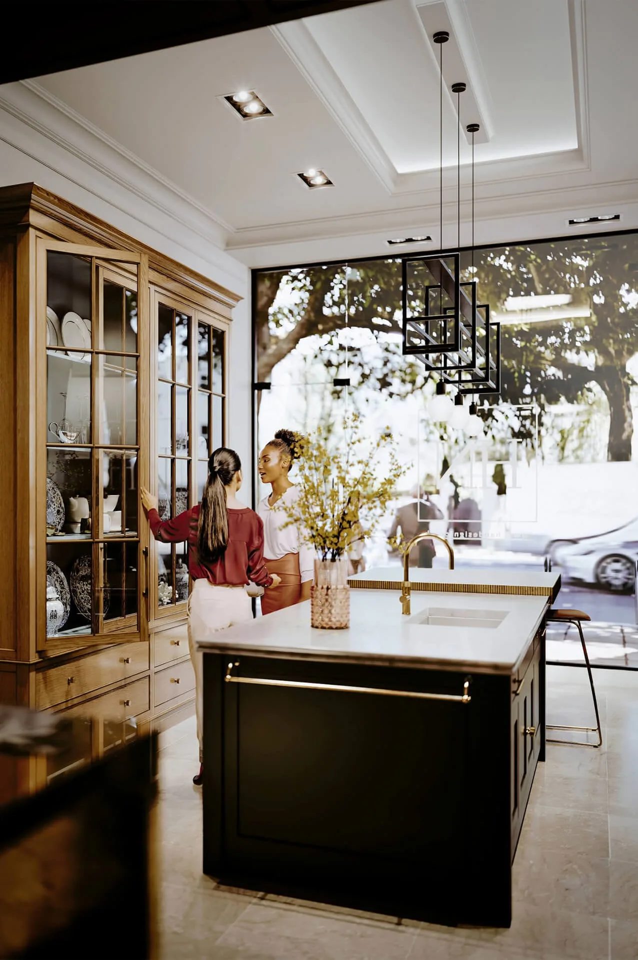 3D render of a retail space interior: a boutique with a display island and glazed cabinets