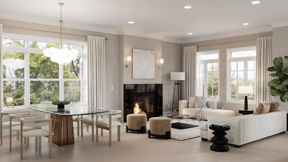 3D interior design rendering of a bright living and dining room in a Chicago home