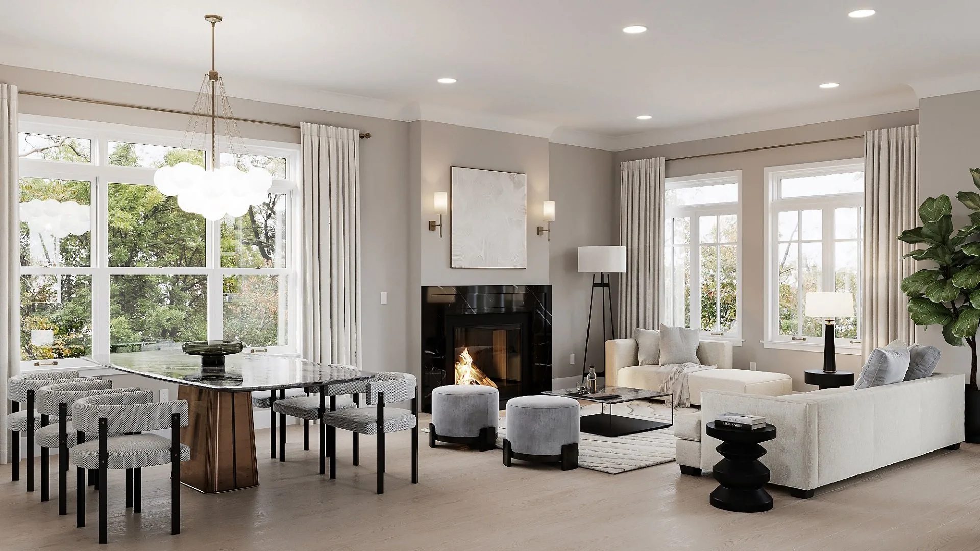 3D interior visualization of a bright living room with brown couches and full height windows