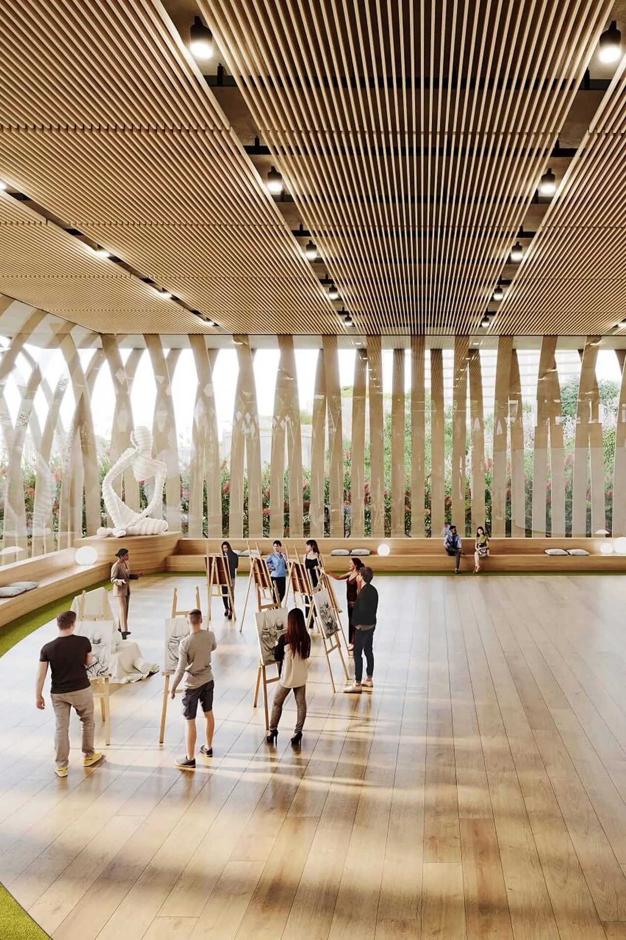 3D render of a public space interior: a timber-lined hall with visitors