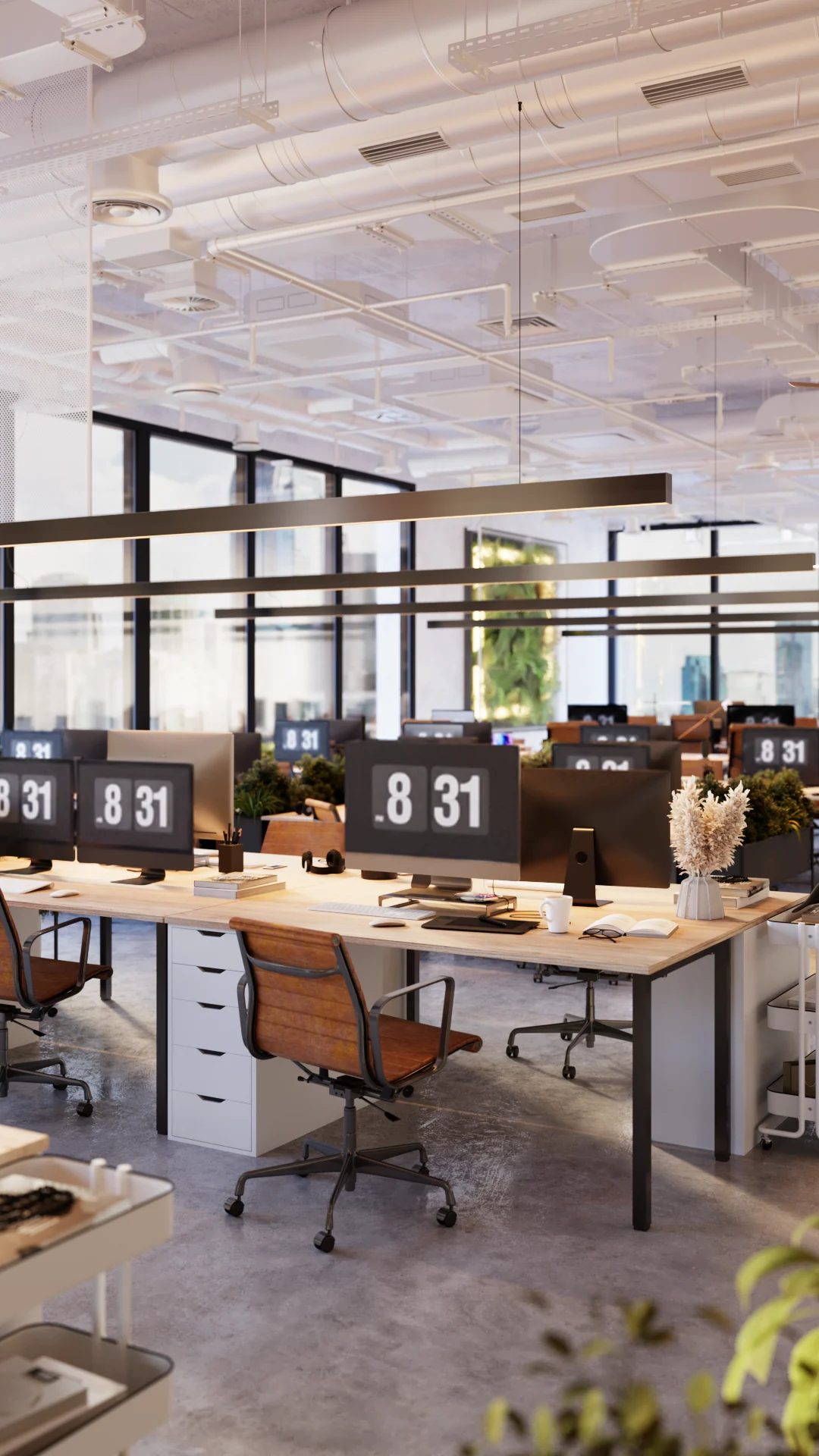 3D interior rendering of an open-plan office with timber desks and glass partitions