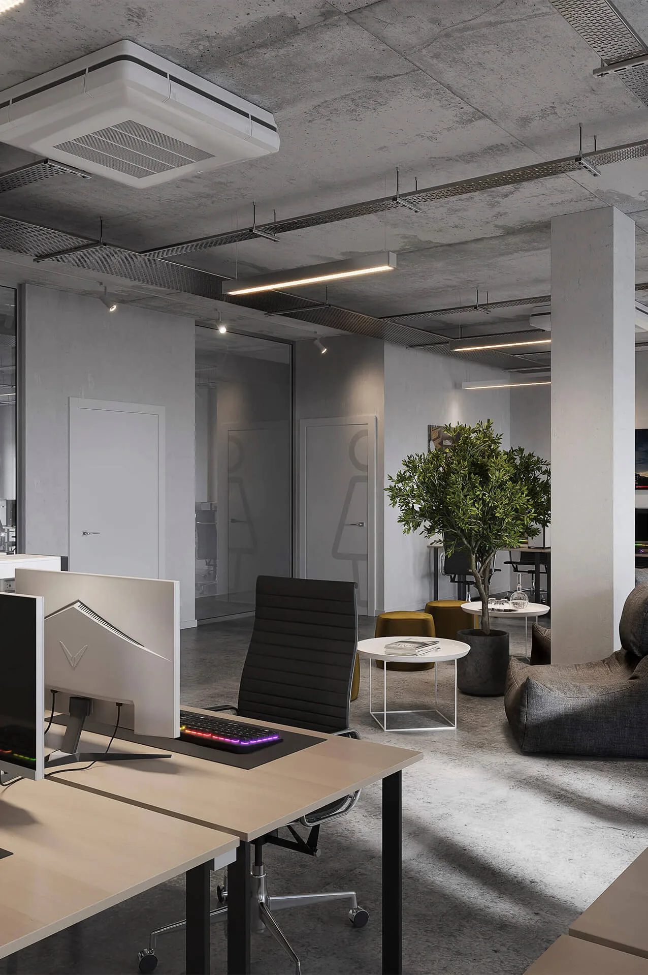 CGI office interior: a compact workspace with desks, task chairs and a planted corner