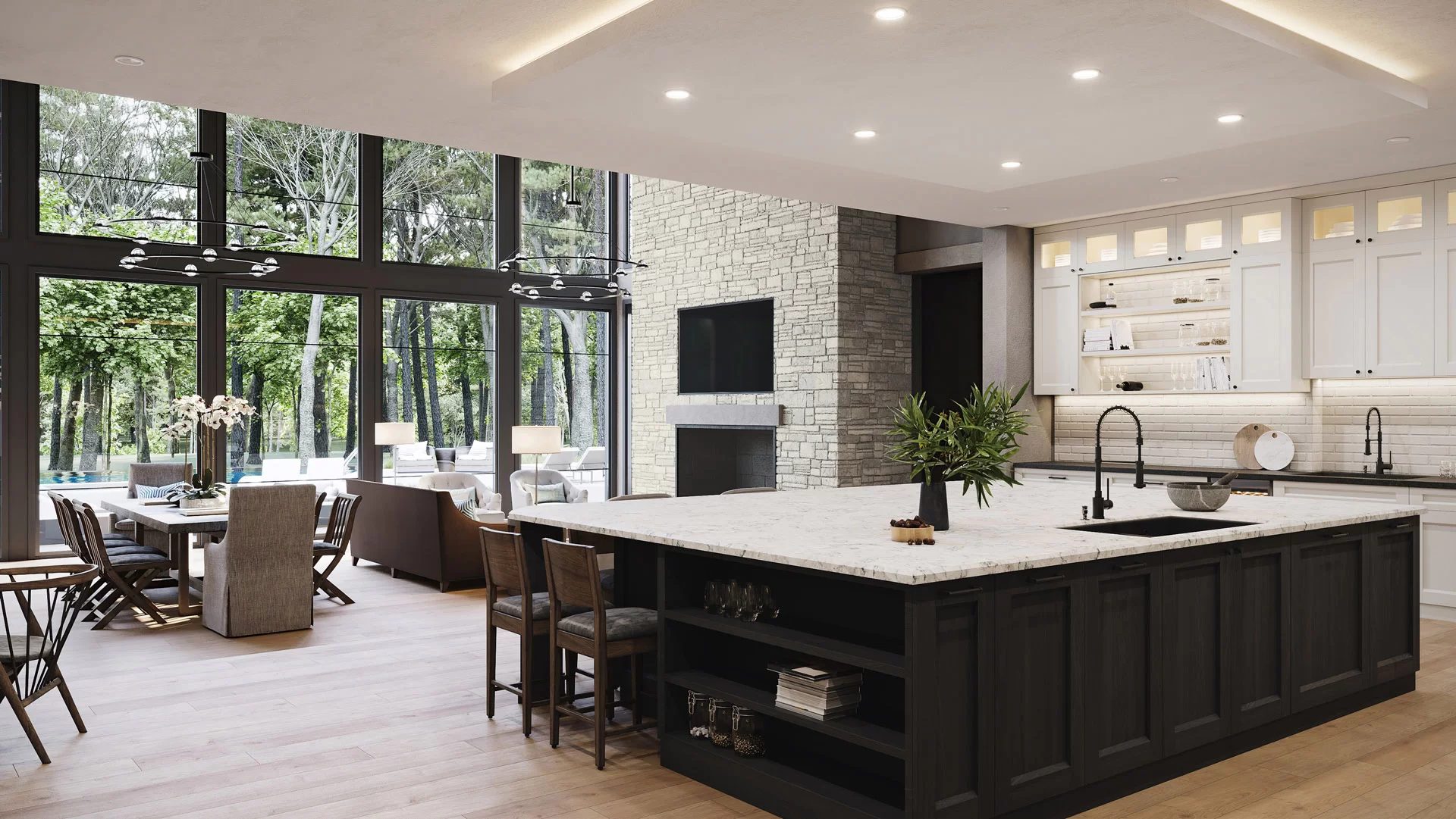 3D interior visualization of an open plan great room with a marble fireplace