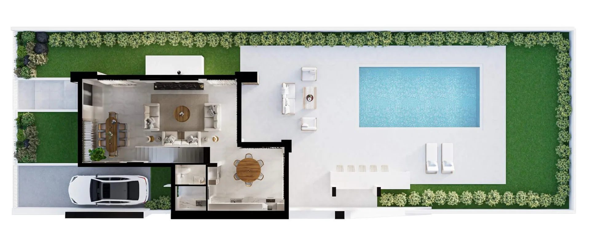 3D plot layout plan: house, driveway, terrace and swimming pool in a single top view