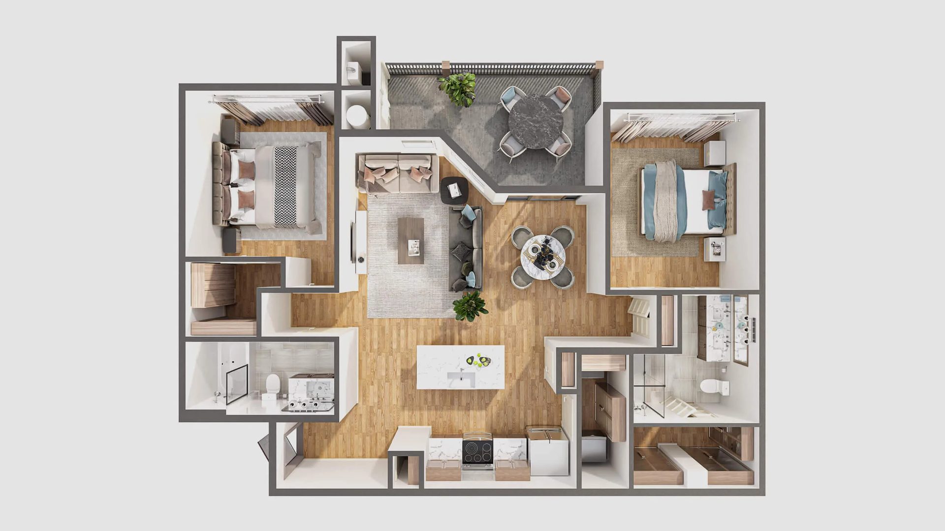 3D hotel floor plan, top view of a two-bedroom suite with living room and kitchen