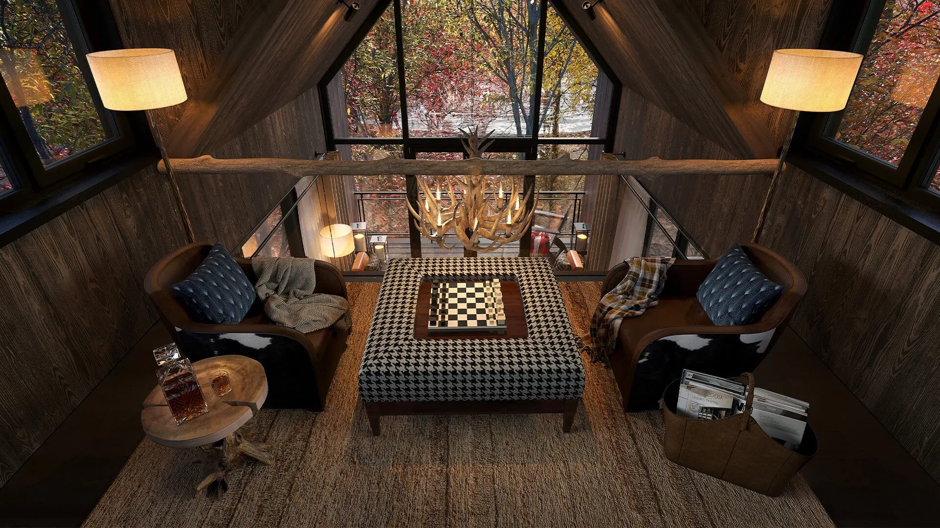 3D lounge interior of a hospitality cabin retreat with armchairs, a chess table and a pitched timber ceiling