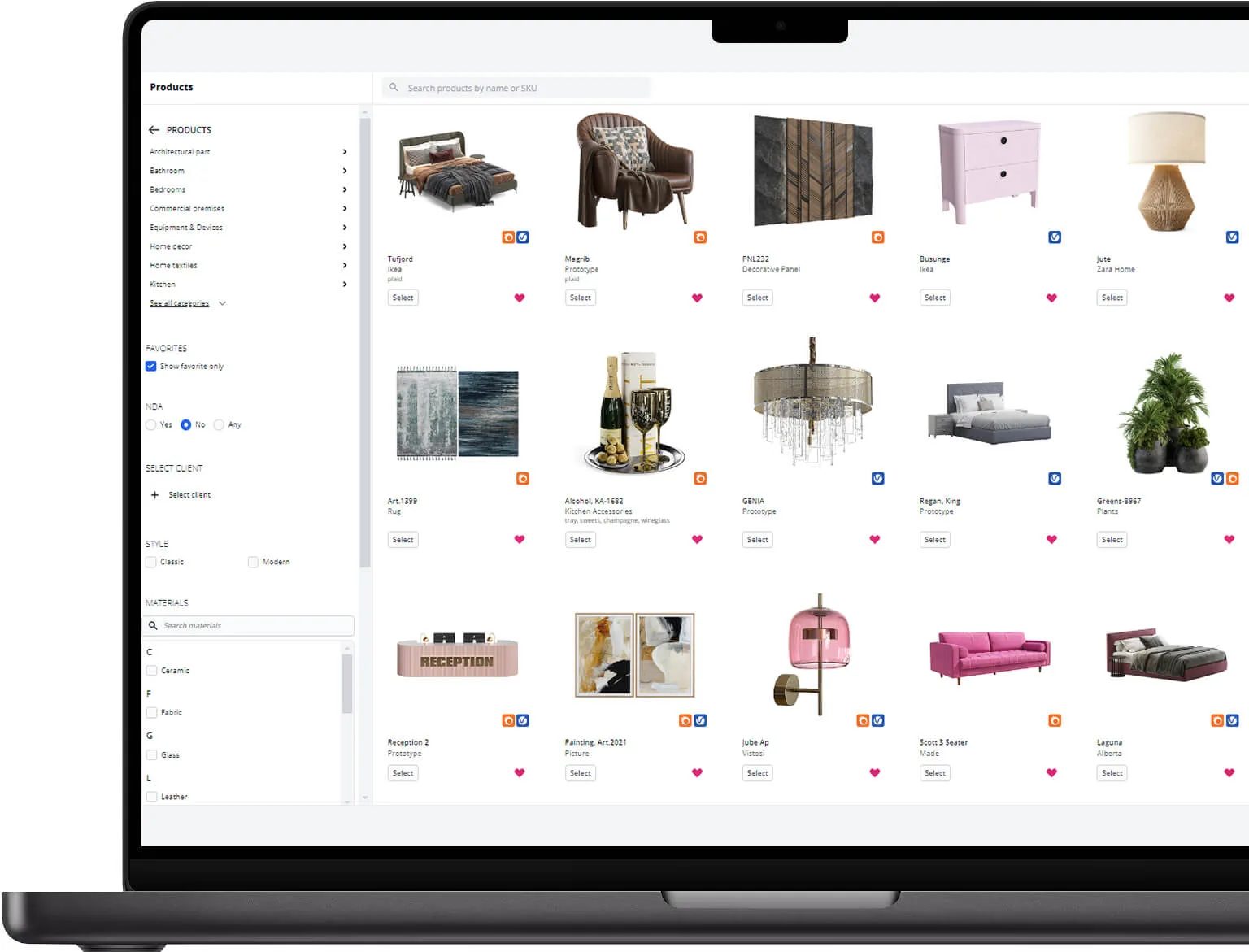 Catalogue of 3D furniture models used for hospitality interior rendering, shown on a laptop
