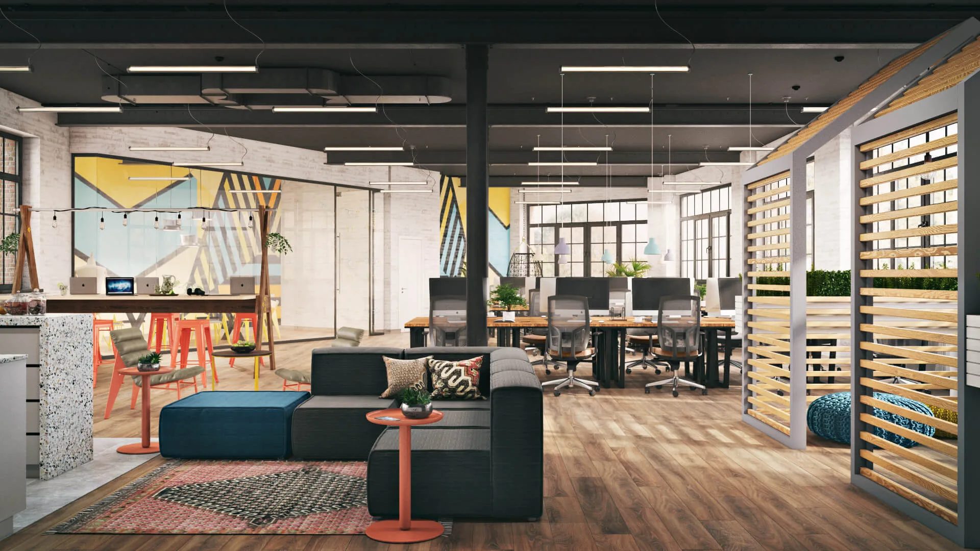 3D office visualization of a coworking workspace with lounge seating and rows of desks