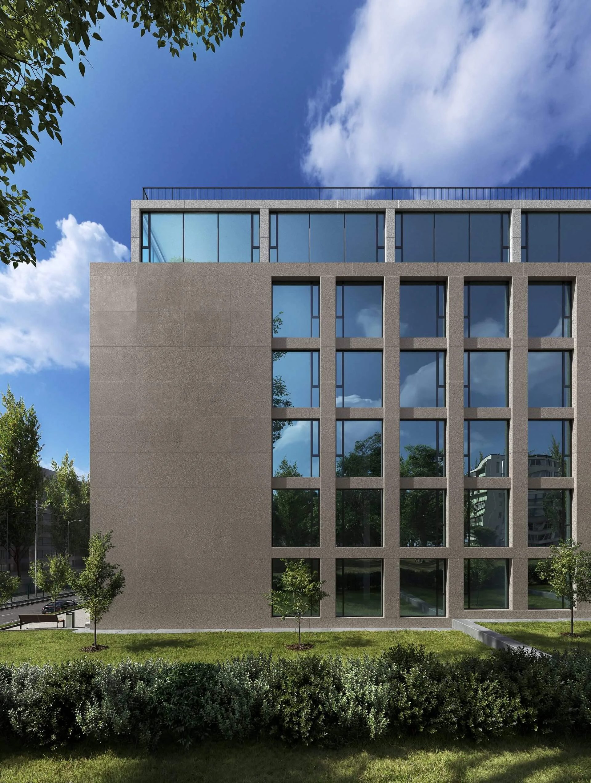 Office building 3D render of a stone and glass facade under a blue sky
