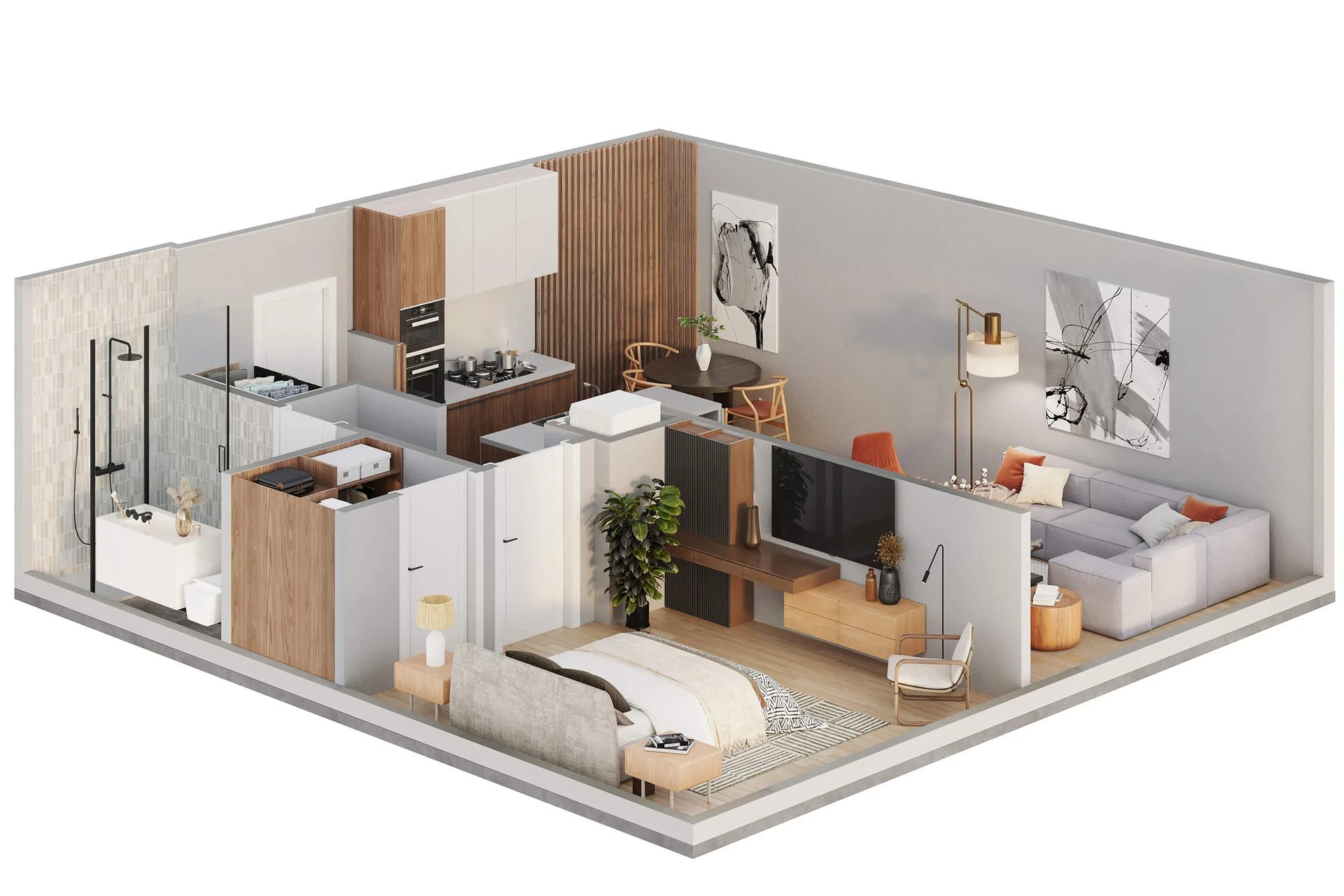 Angled 3D plan of a one-bedroom apartment: kitchen, living area, bedroom and bathroom in one view