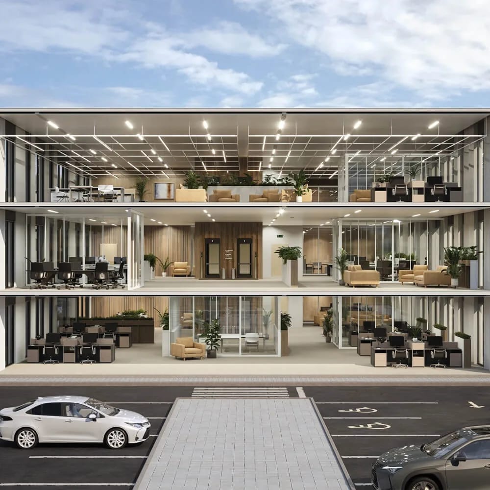 3D real estate rendering: dollhouse view of a modern home with visible rooms