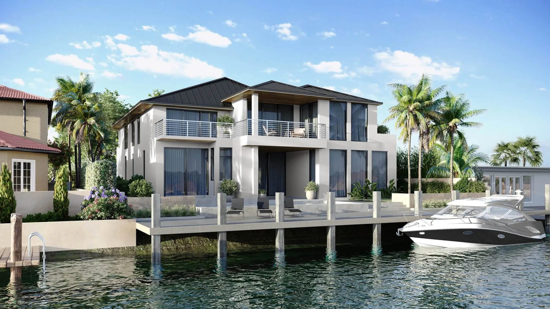 3D real estate rendering of a waterfront house in Florida with a private dock and a yacht
