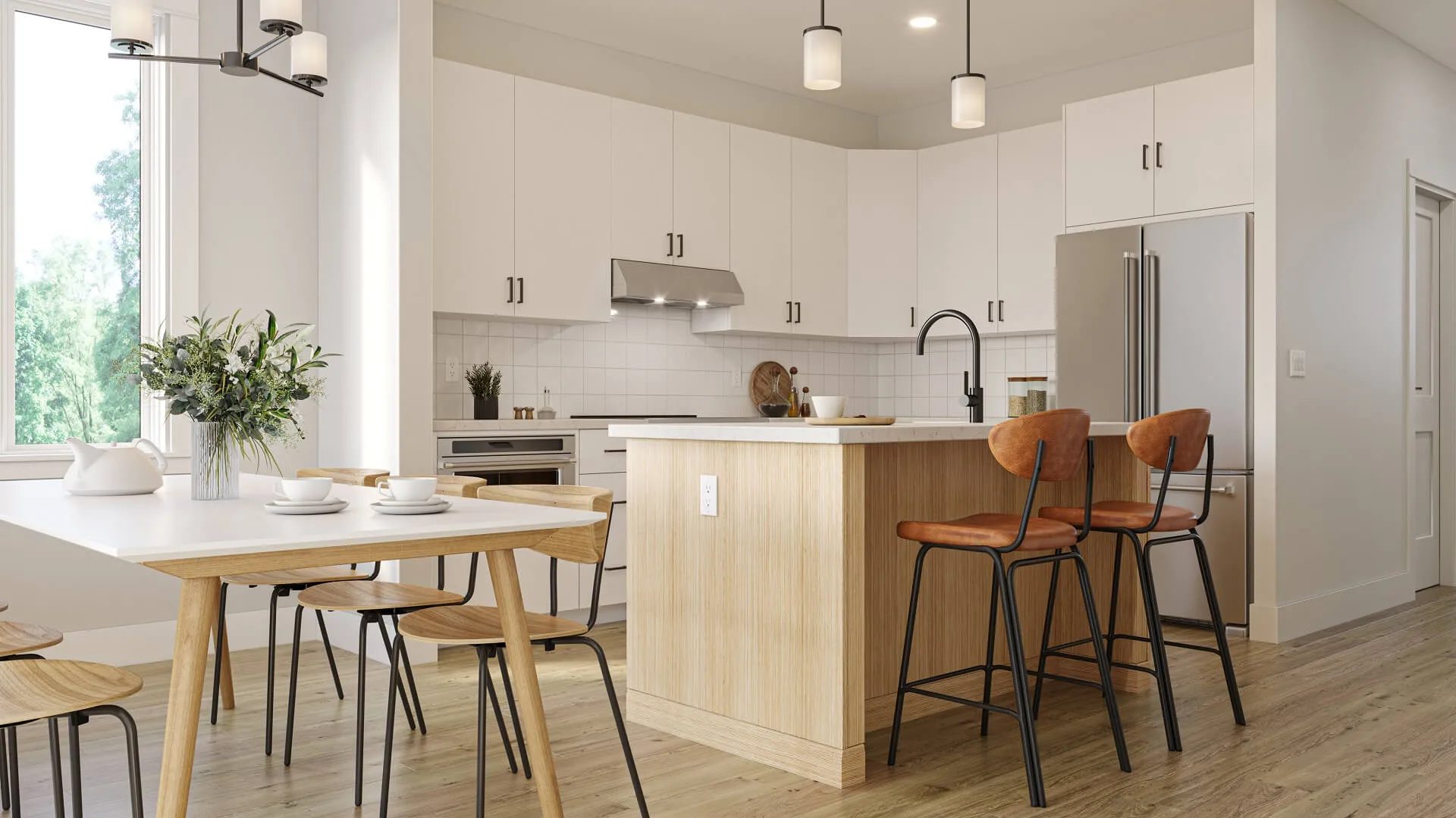 Kitchen render of a family home with cabinets and an island