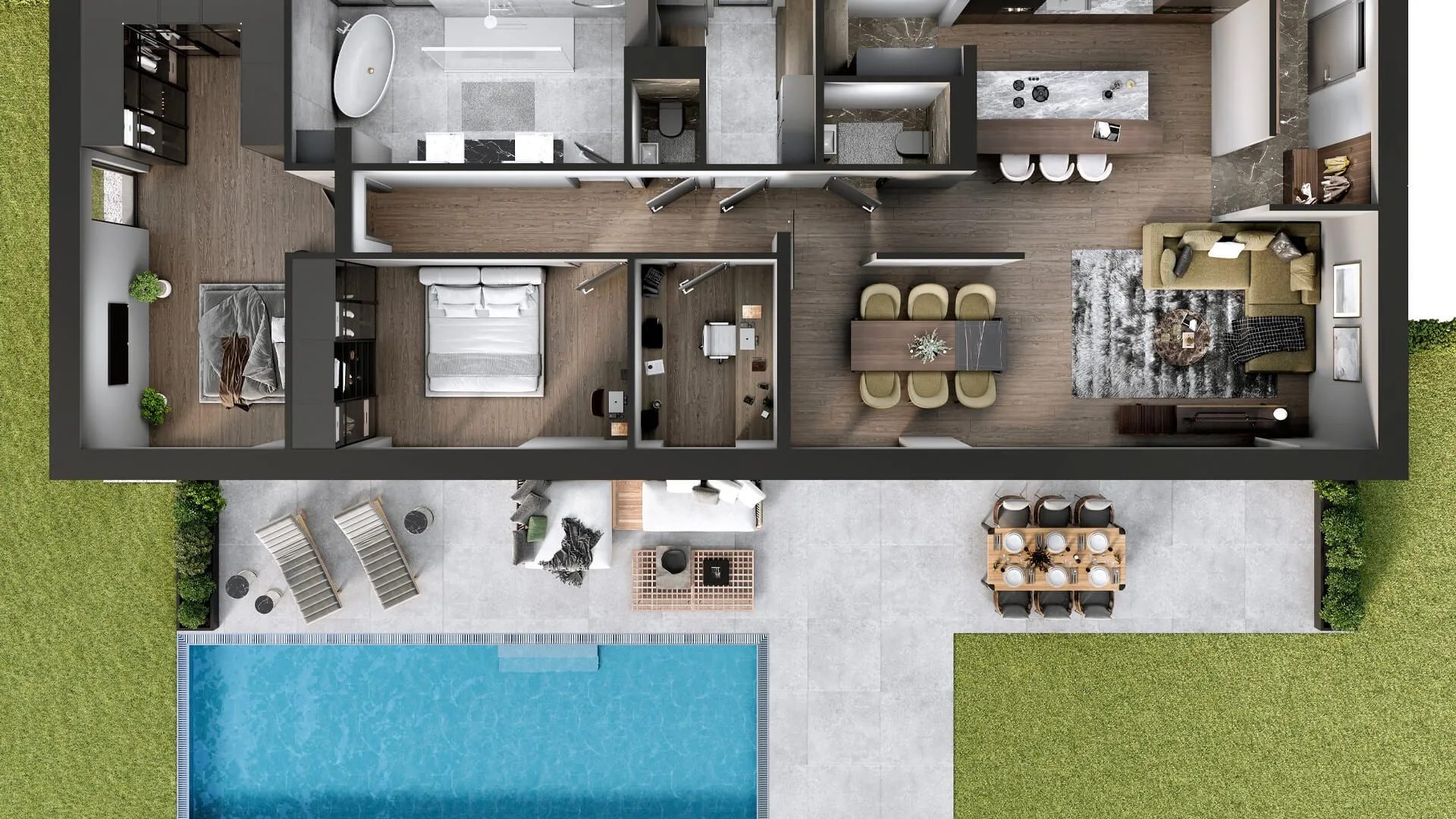 Hospitality suite plan in 3D, top view: villa with a private pool, sun loungers and outdoor dining