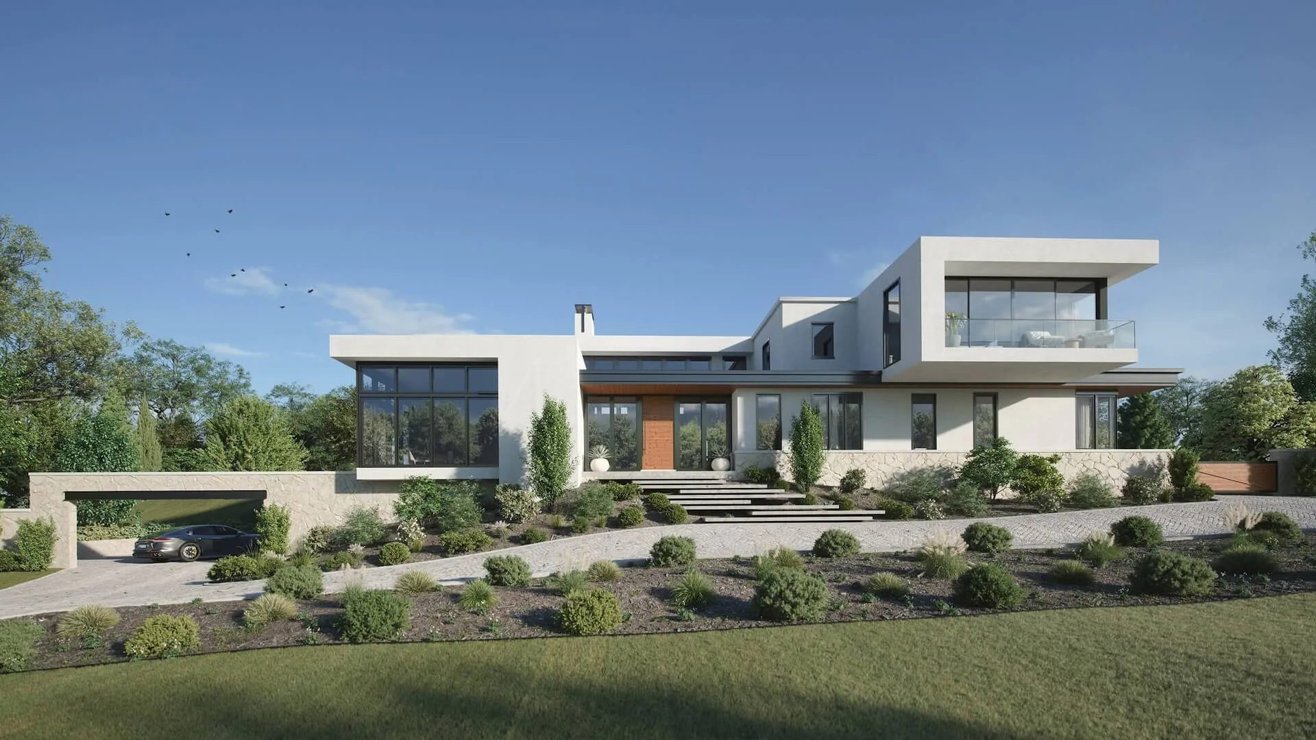 3D rendering in marketing: long modern villa with a pool and landscaped garden