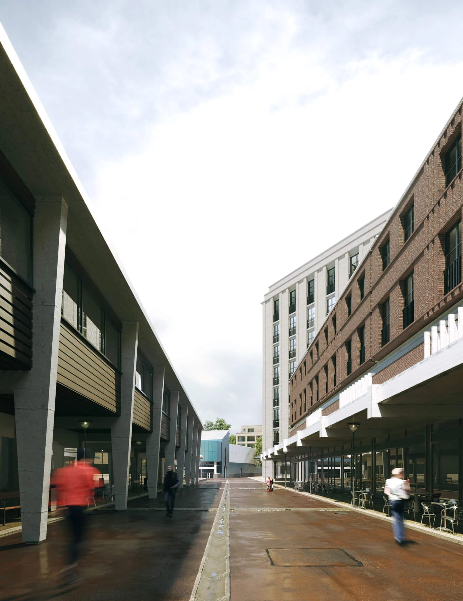 3D rendering of a brick high street scheme with a colonnade and shopfronts at ground level, a London regeneration type