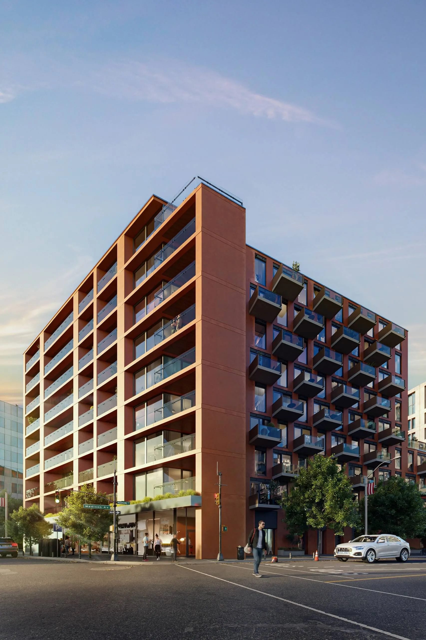 Architectural 3D visualisation of a red brick mid rise apartment building on a street corner, the Brunswick and Fitzroy vocabulary