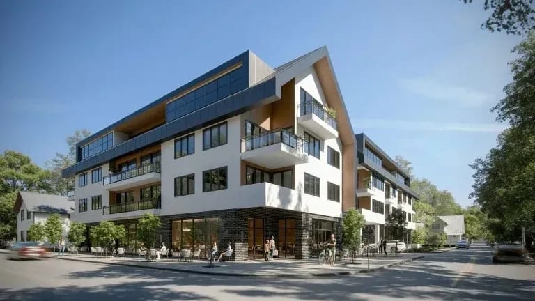 3D visualisation of a modern multi family building with ground floor shopfronts, the mixed use format common across inner Melbourne