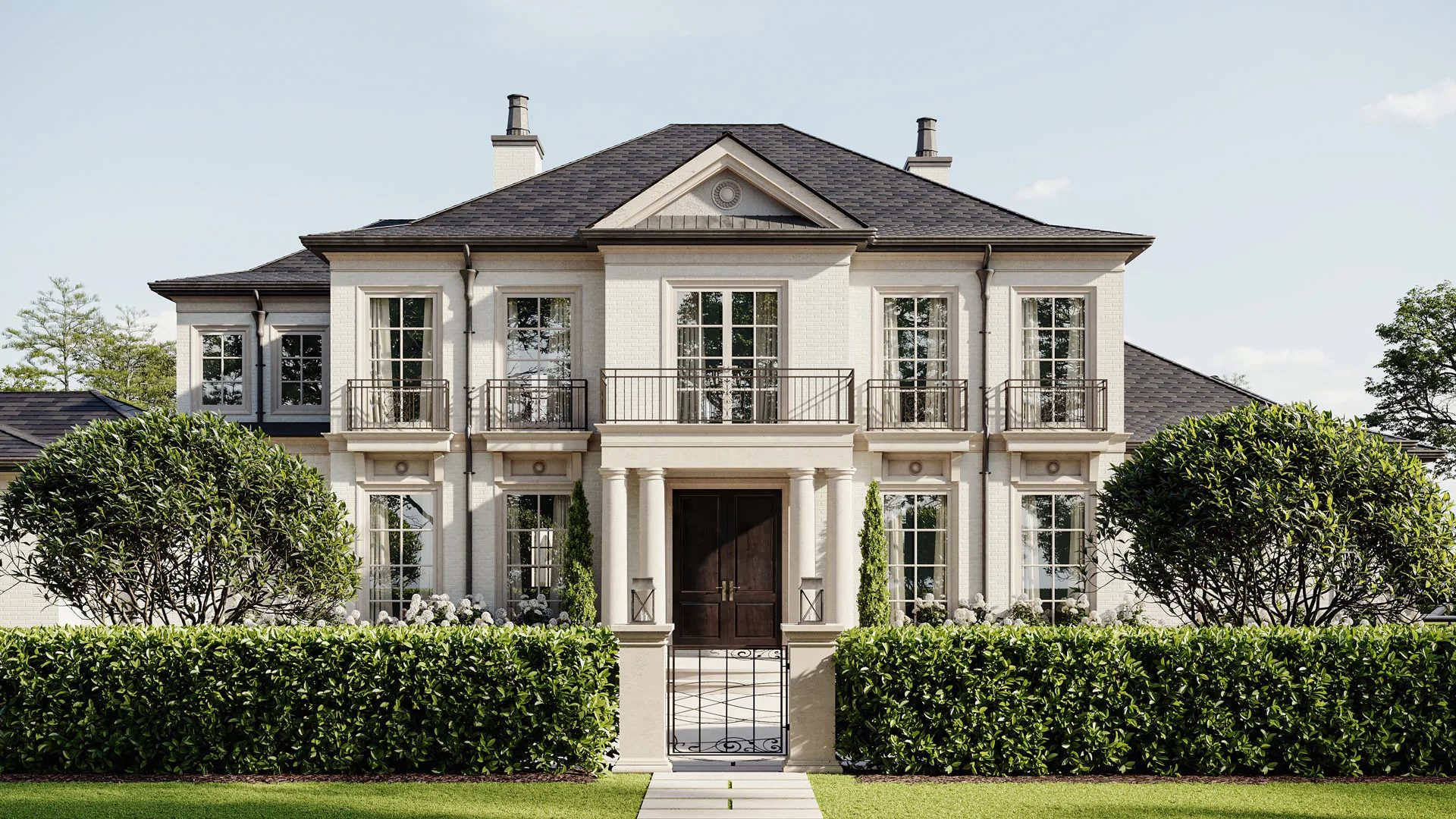 3D rendering of a building in classical style: two storey house exterior with landscaping