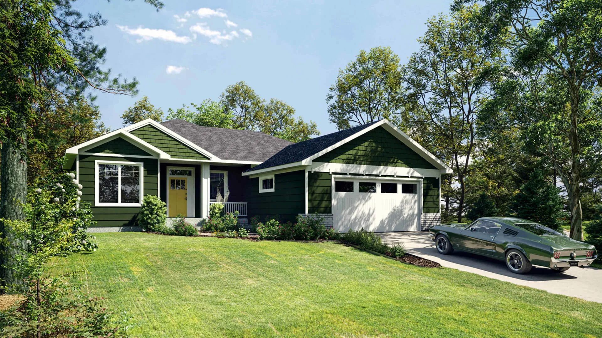 3D rendering of a house: single family home shown from the front