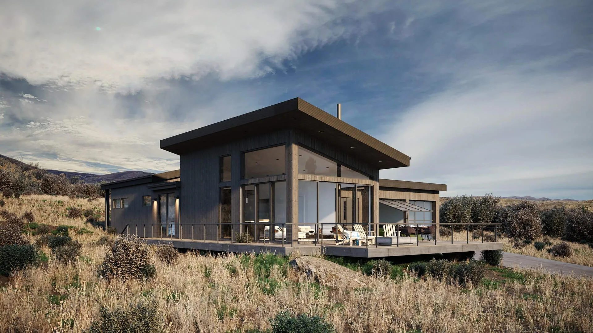 House 3D render of a dark clad prairie home with a flat overhanging roof and wraparound deck