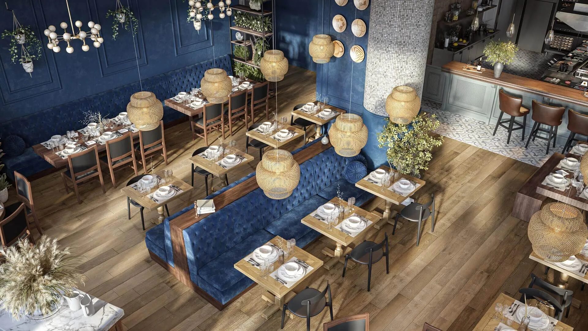 Bird view 3D rendering of a restaurant interior with blue banquettes and rattan pendant lights
