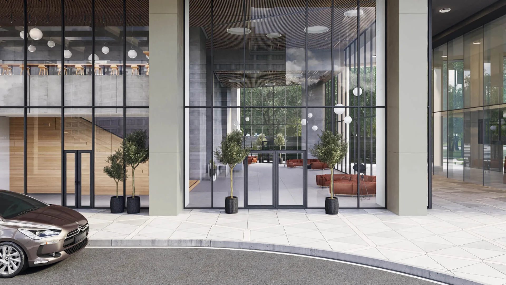 3D office exterior rendering of a glazed ground-floor entrance and lobby