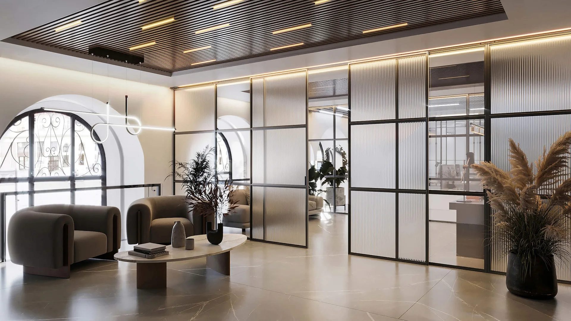 3D rendering services for interior design: a lounge with glass partitions, curved armchairs and warm wood ceiling