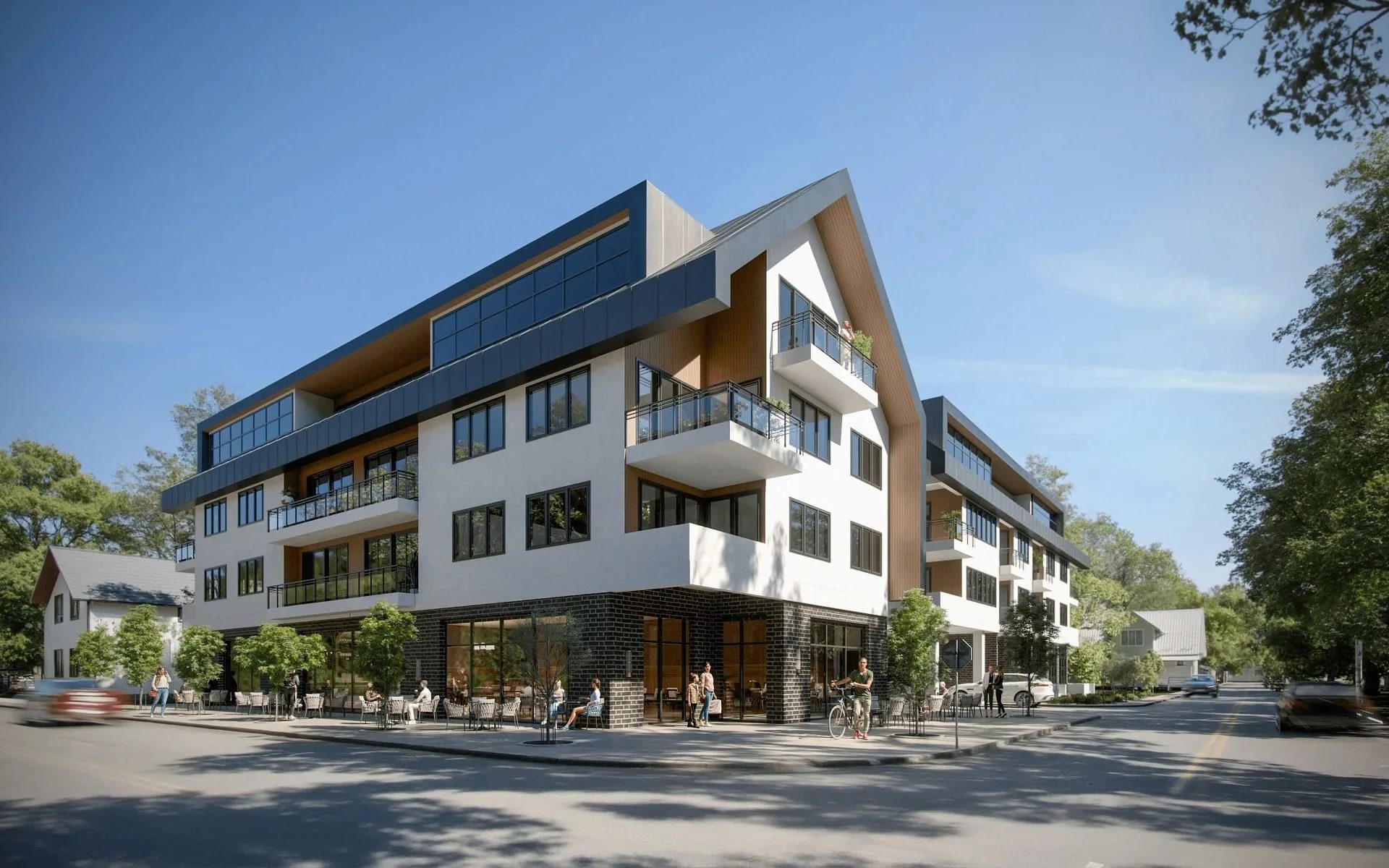 3D rendering of a multifamily apartment building of the kind Texas developers use in leasing campaigns