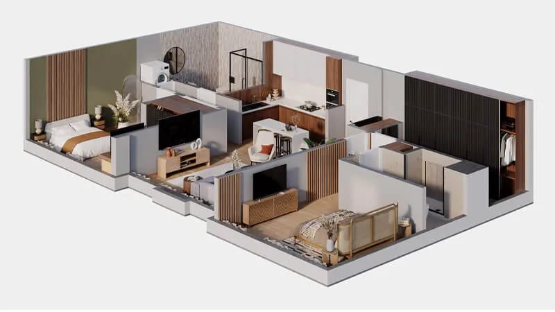 3D rendering for real estate: floor plan of a modern apartment