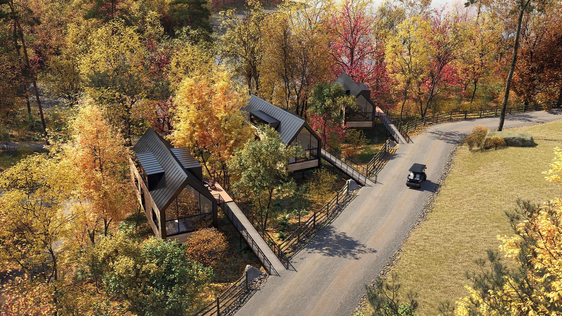 Aerial hospitality 3D render of a cabin resort in an autumn forest with a winding drive