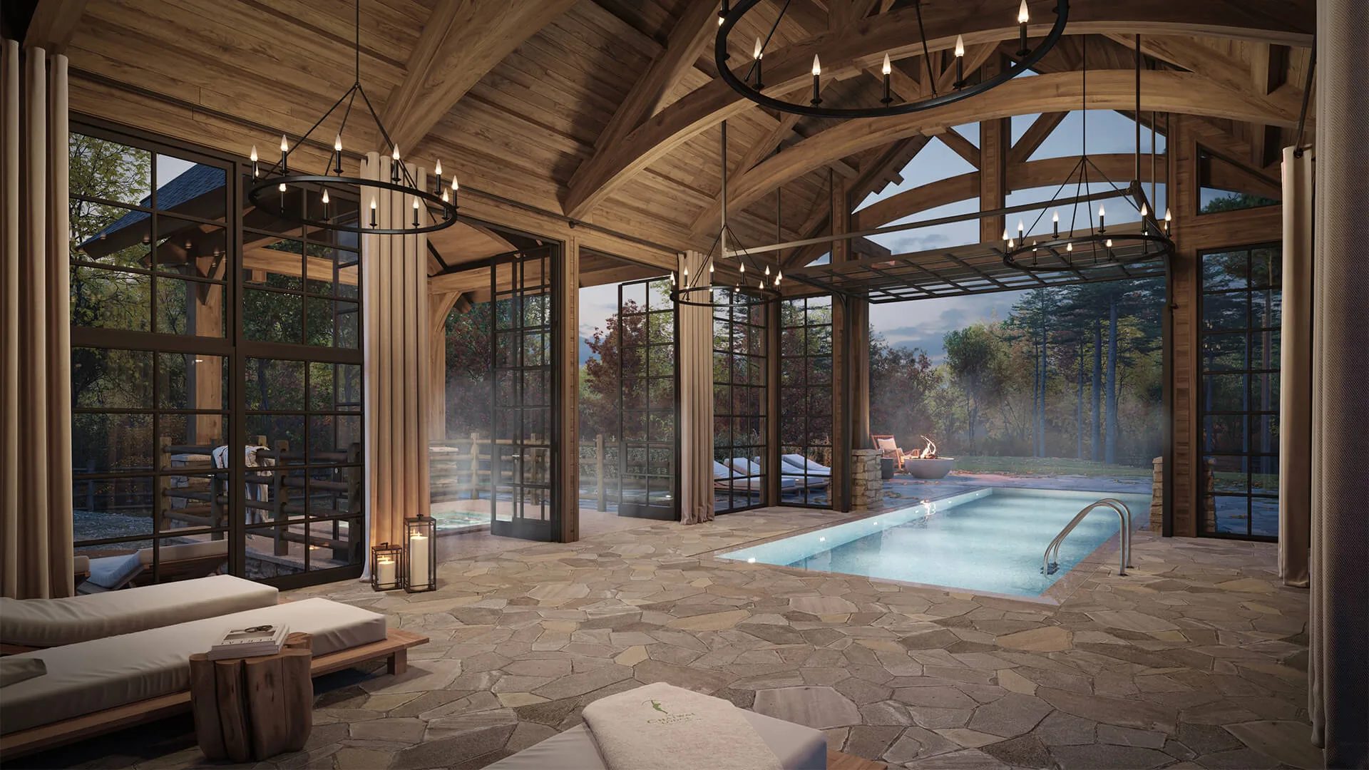 Resort 3D design of an indoor pool pavilion with timber trusses and glass walls
