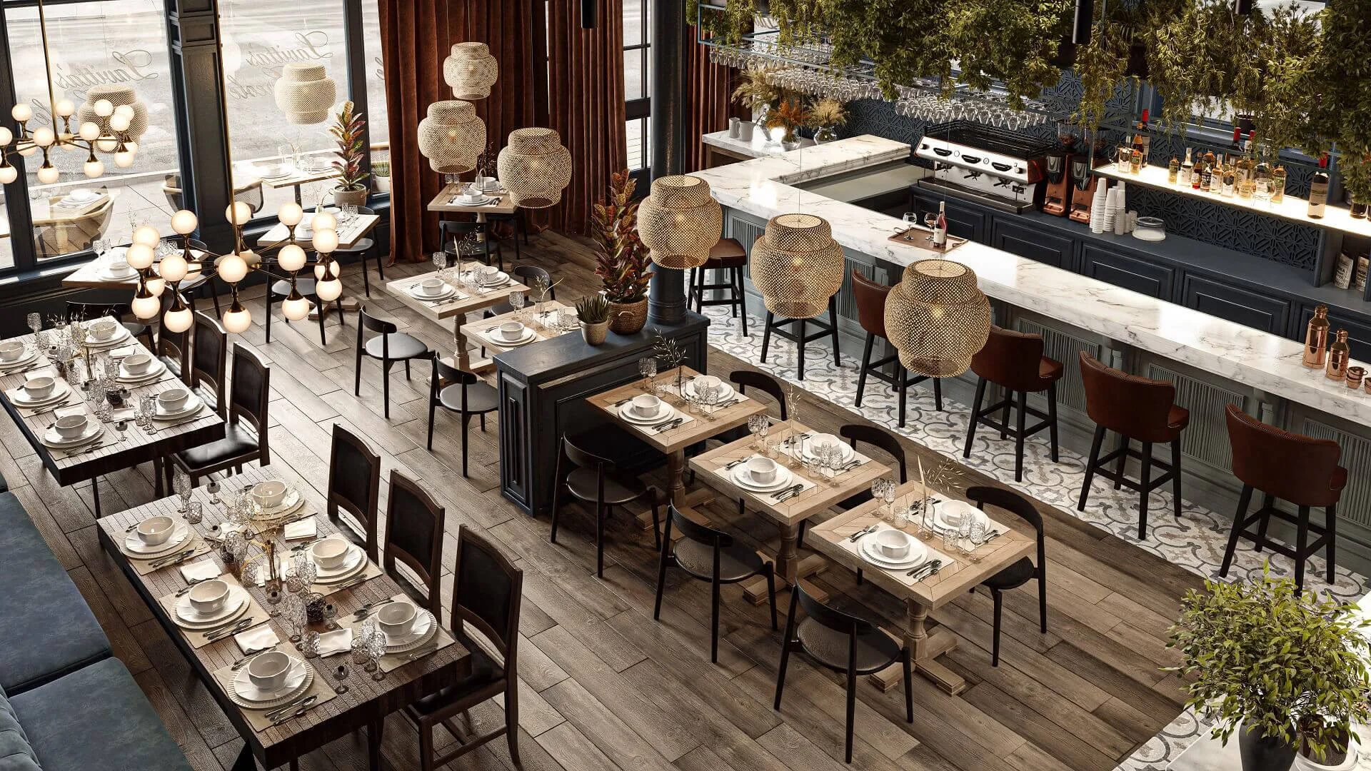 3D restaurant visualization of a dining hall with a marble bar counter and pendant lighting