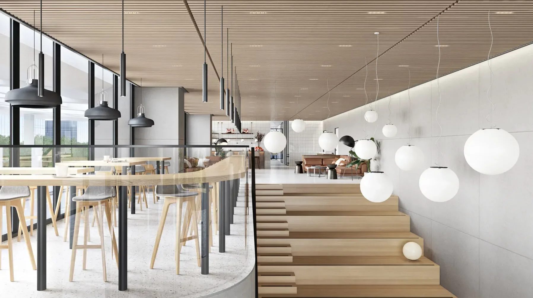 3D room tour of an office cafeteria with a long counter, globe lights and glass walls