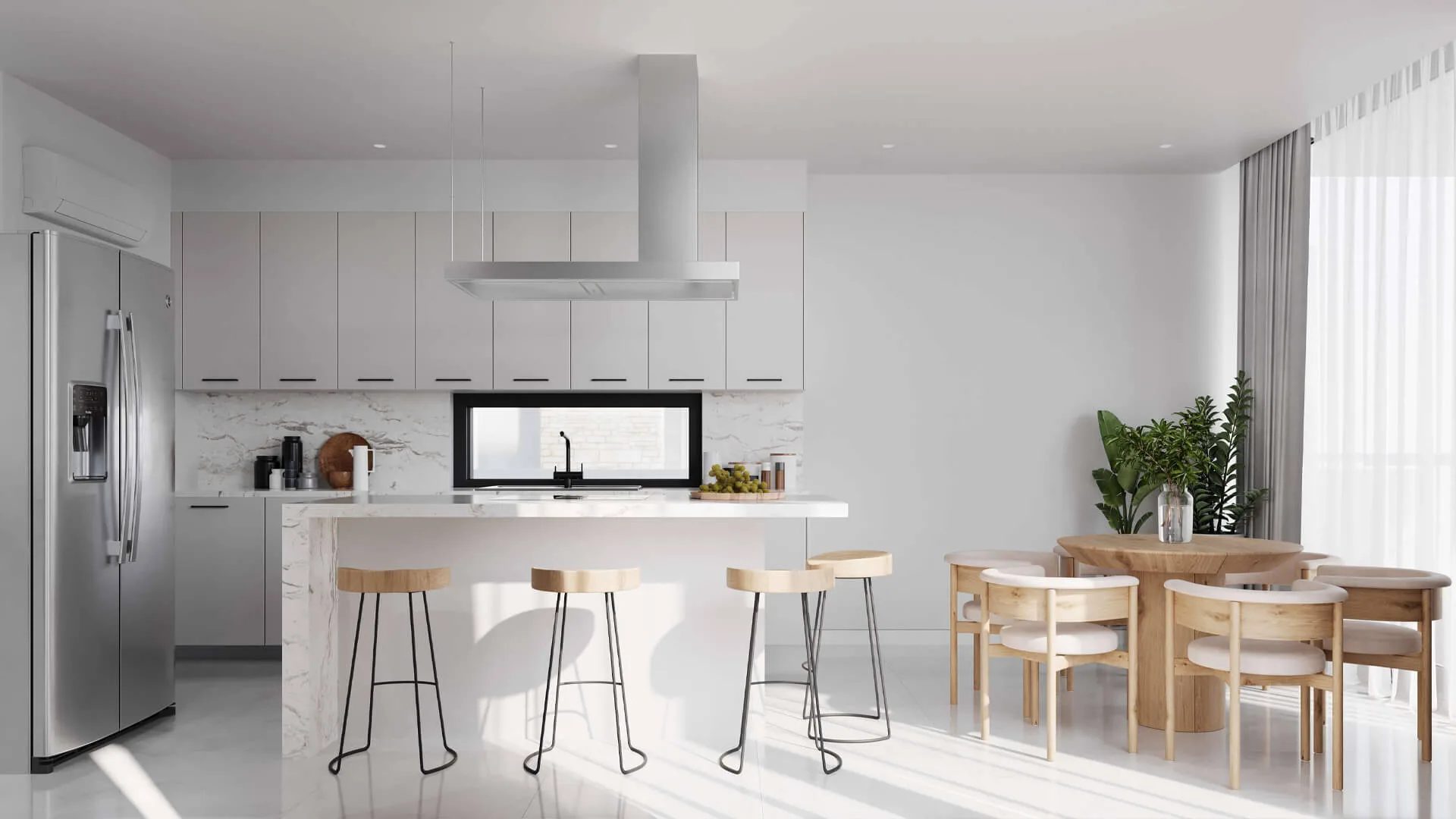 Townhouse kitchen interior rendered in 3D