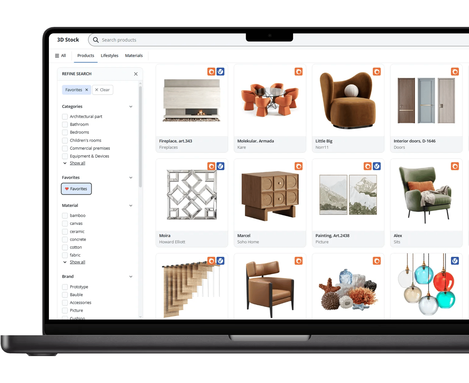 3D virtual showroom website: catalogue of furniture and material models open on a laptop