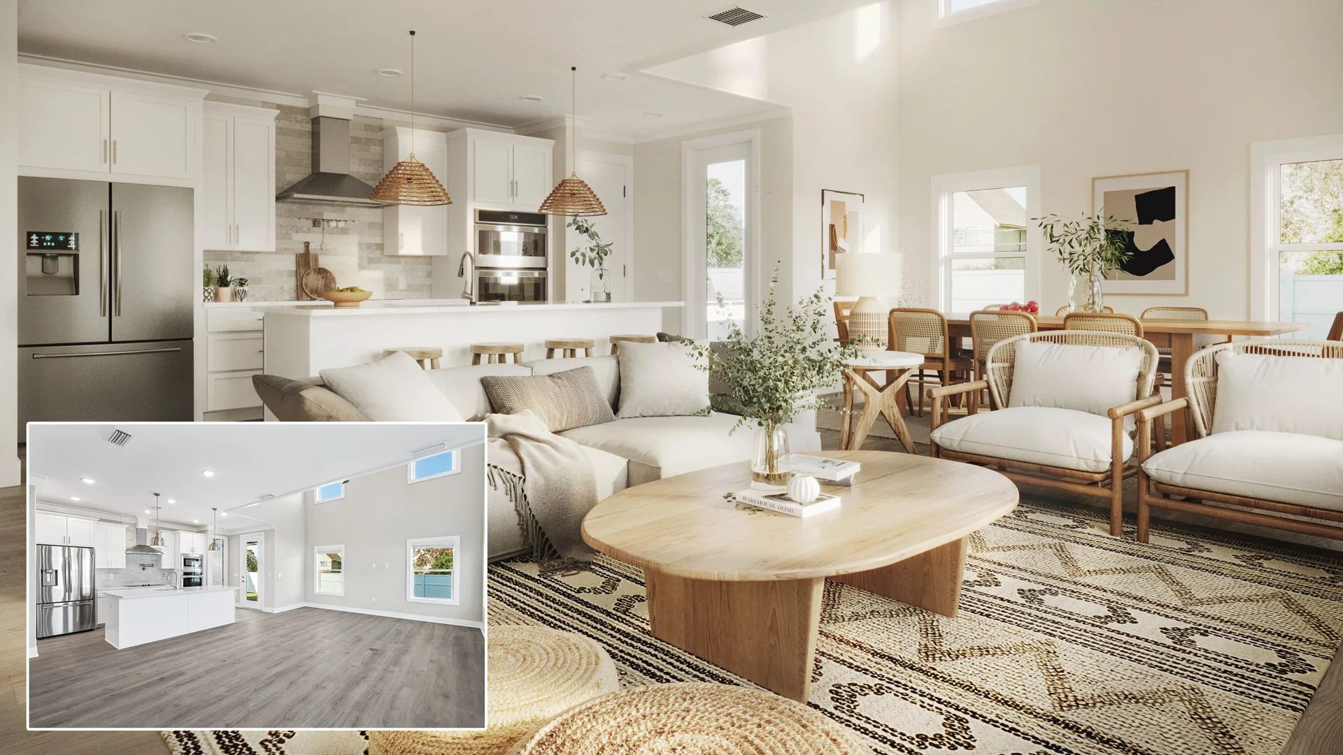 Virtual staging of a furnished living room beside the empty original, the before and after San Francisco agents show buyers