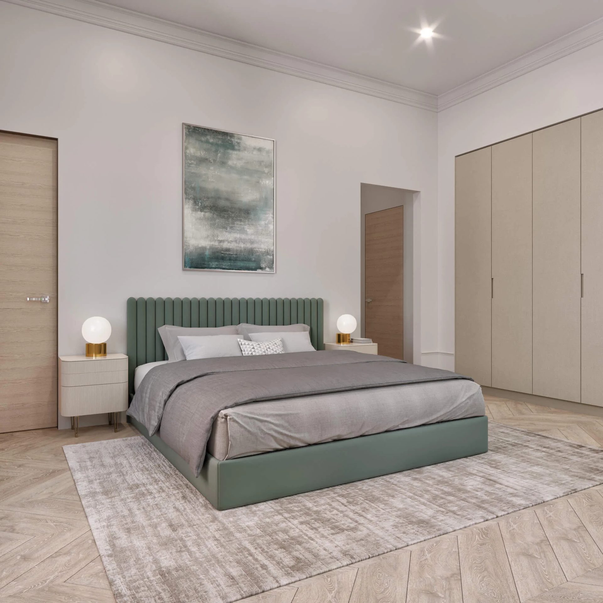 Bedroom with a green upholstered headboard shown inside an interactive 3D virtual tour for a Montréal listing