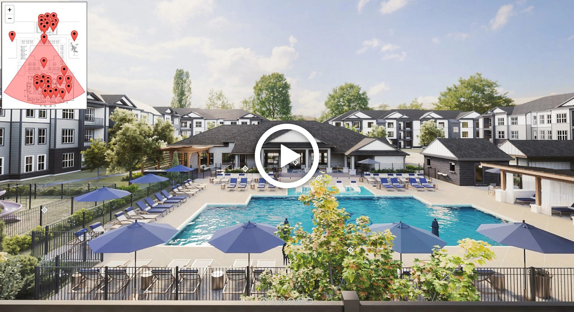 3D virtual tours for real estate: aerial view of a resort clubhouse with pools and sun loungers