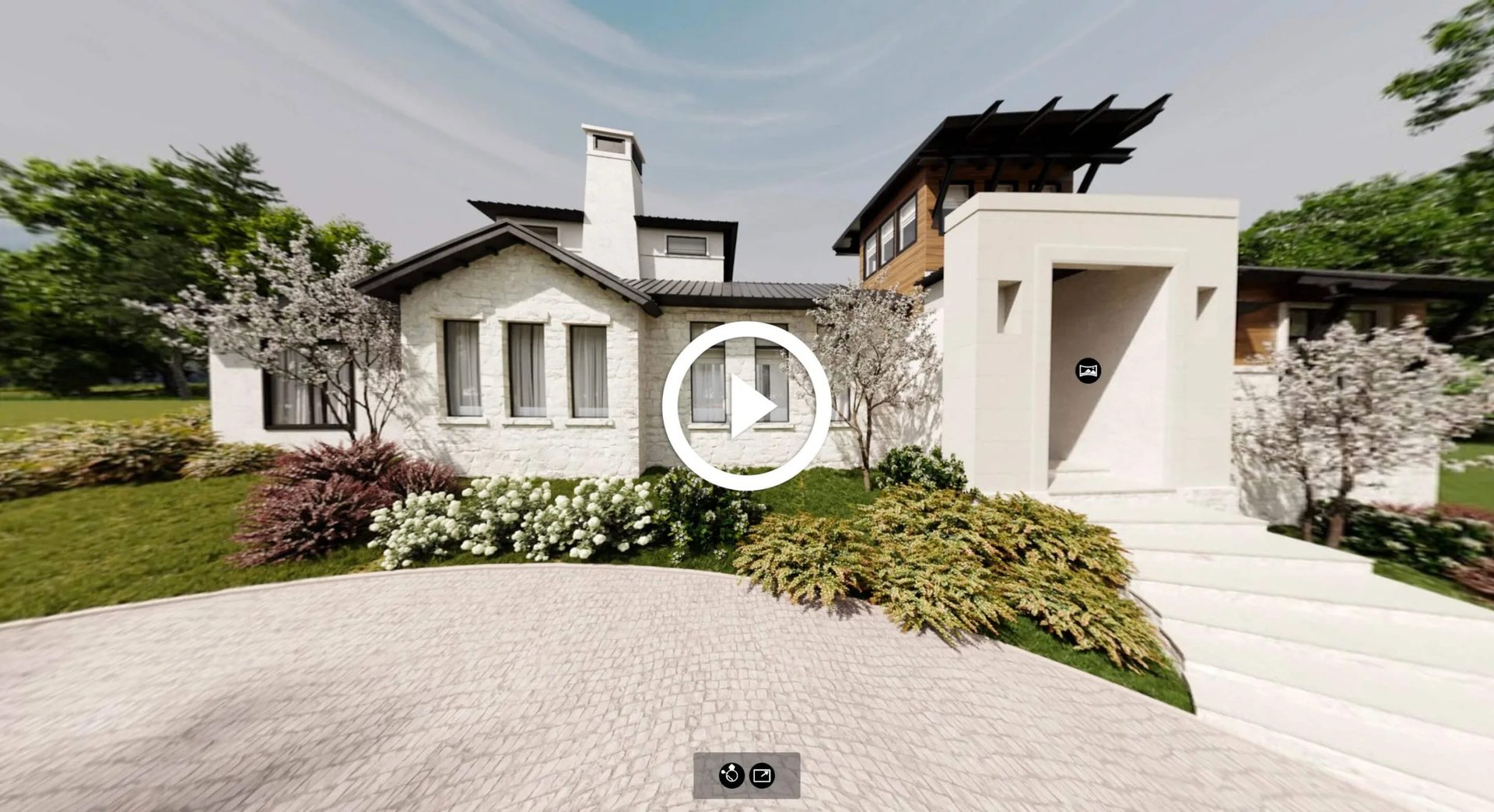 3D virtual tour of a Vacasa rental house: exterior with a covered porch and landscaped drive
