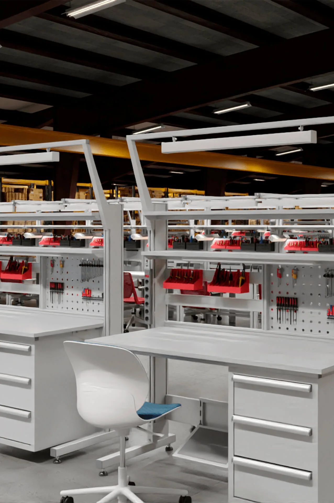 3D render of an industrial workspace interior with workbenches and open shelving
