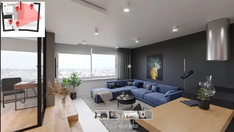 3D tour interface for a real estate listing showing a modern living room