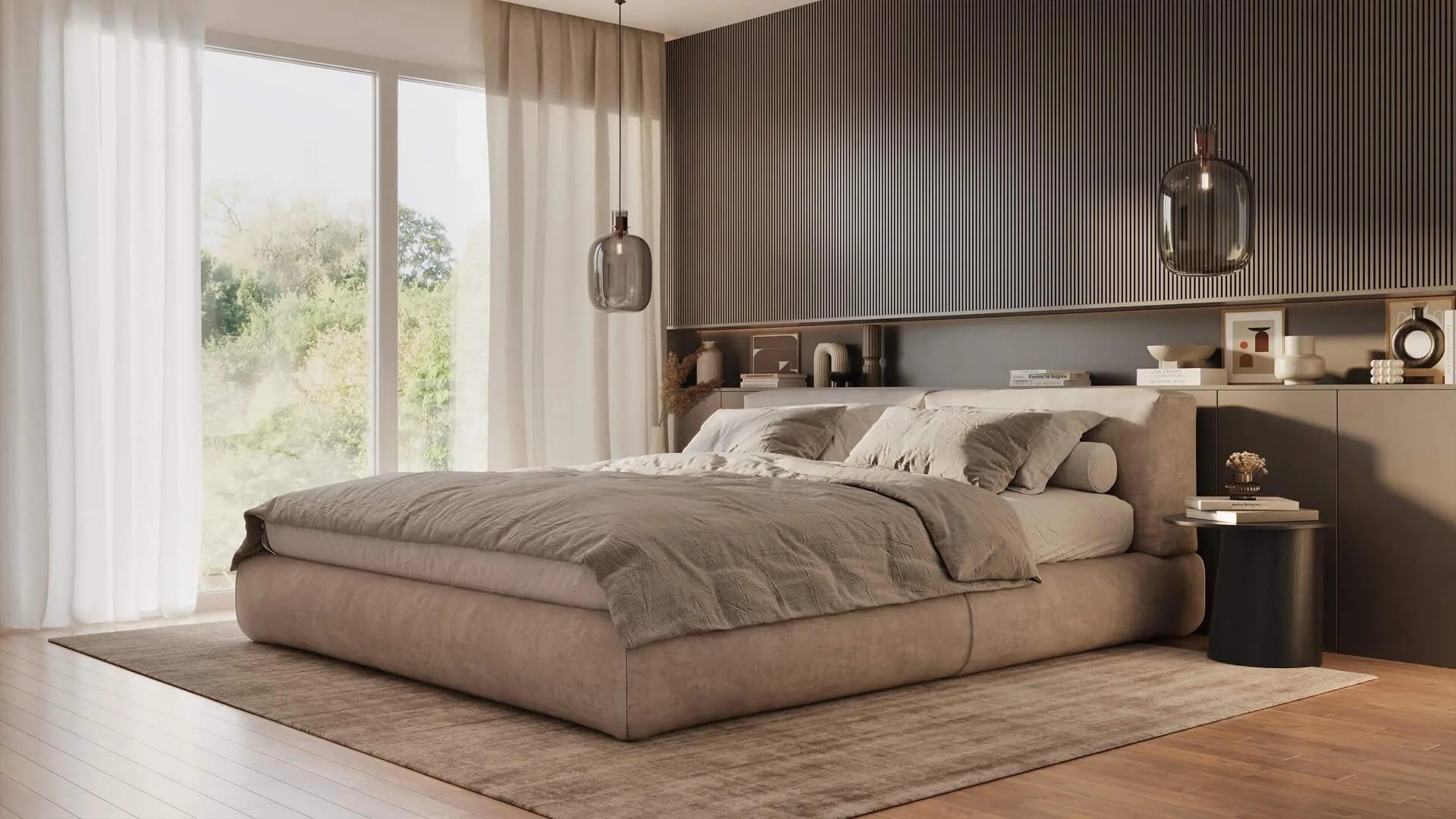 3D visuals for marketing: dark wood-panelled bedroom with a garden view