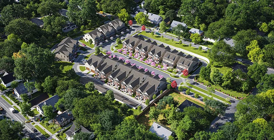 Aerial 3D rendering of a Vancouver townhouse cluster with pitched roofs and shared courtyards among mature trees
