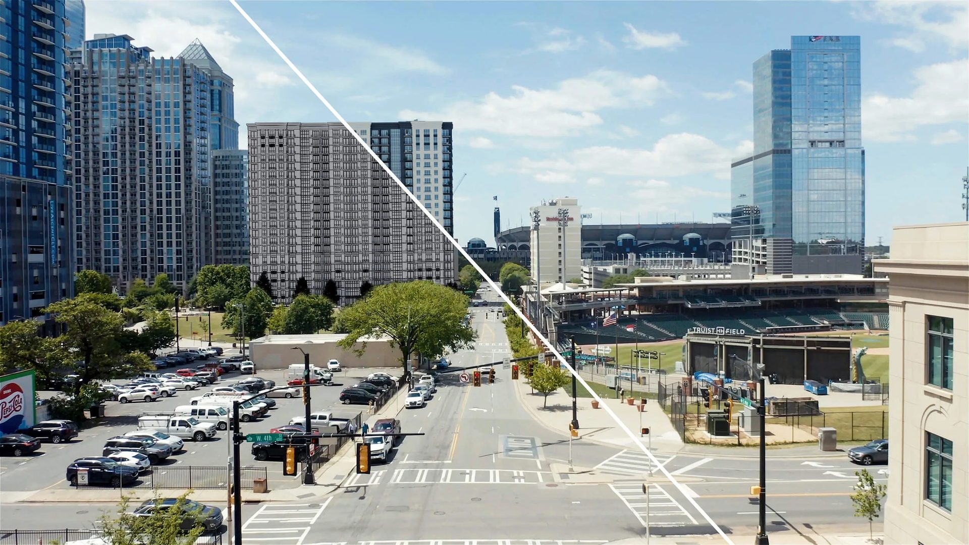 Aerial CGI: city street by a stadium, photo on one side and CG buildings on the other