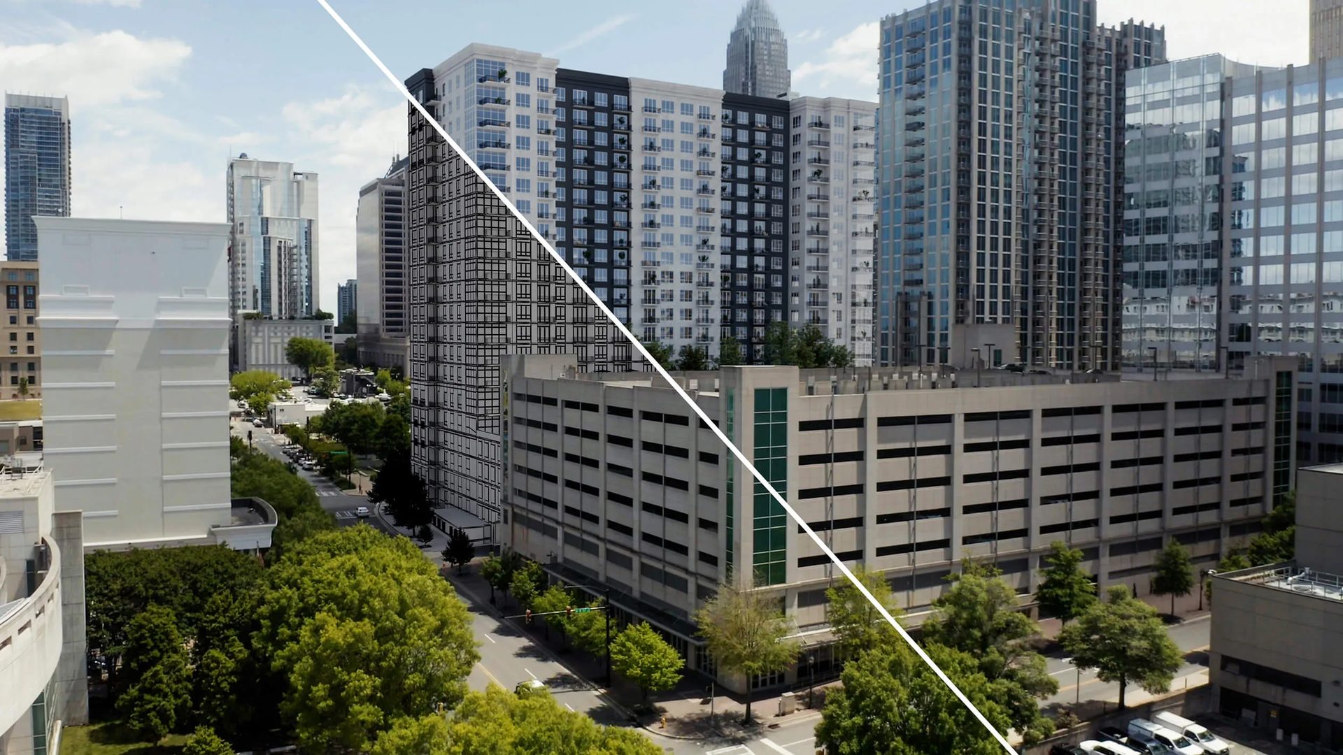 Aerial perspective render of a city block with a parking deck and office towers