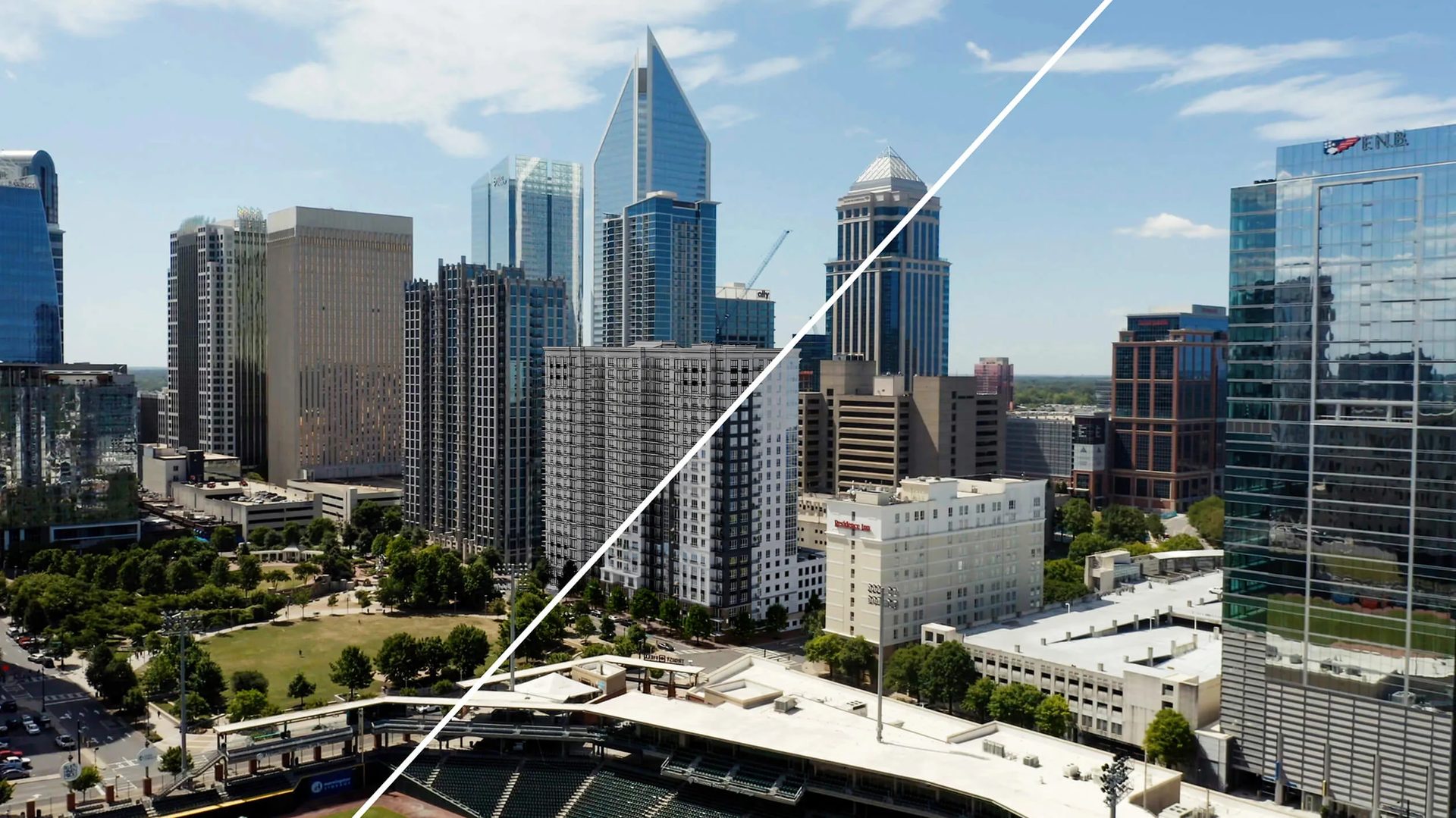 Aerial render of a downtown skyline blended with real drone footage