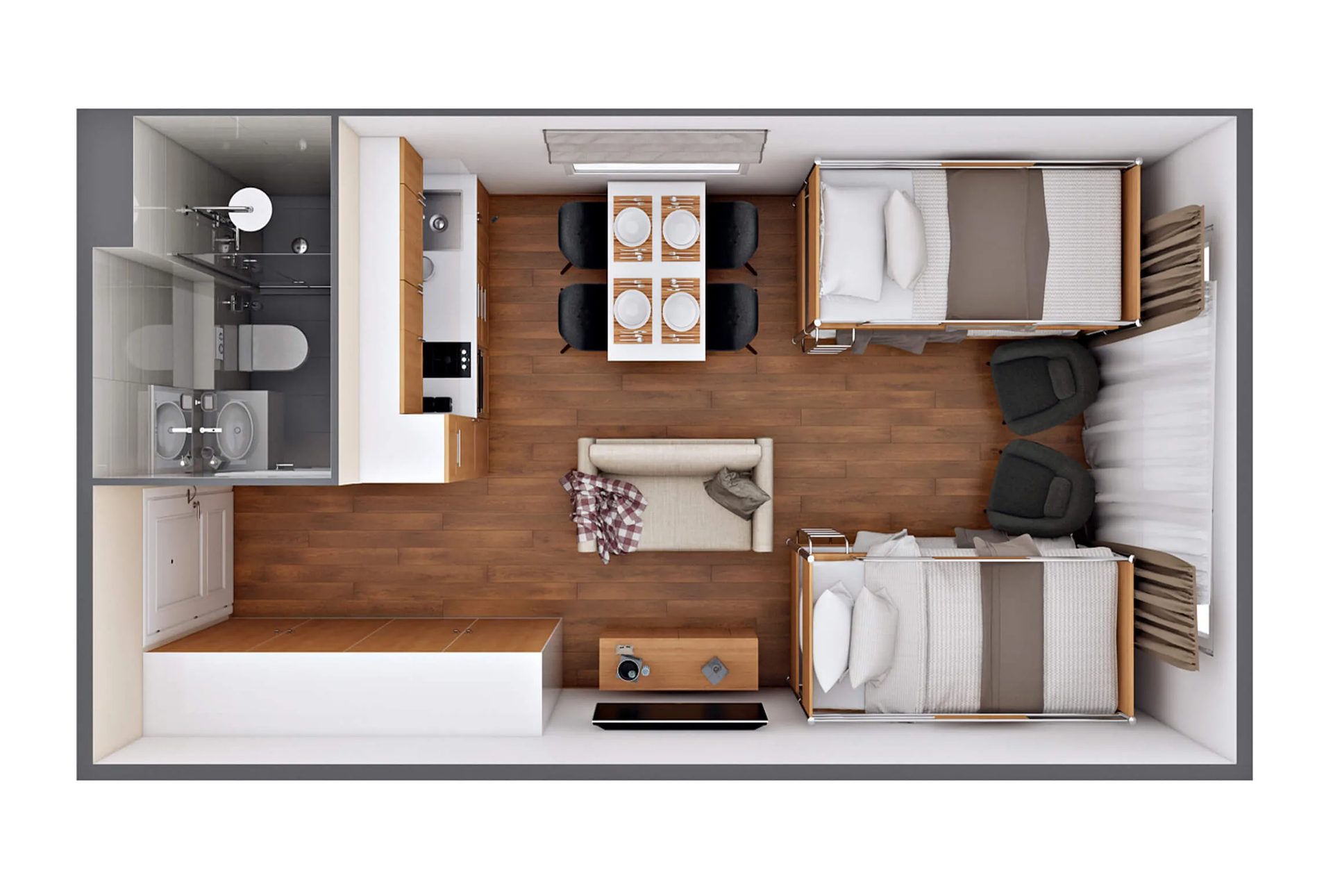 Top view 3D floor plan rendering of an apartment