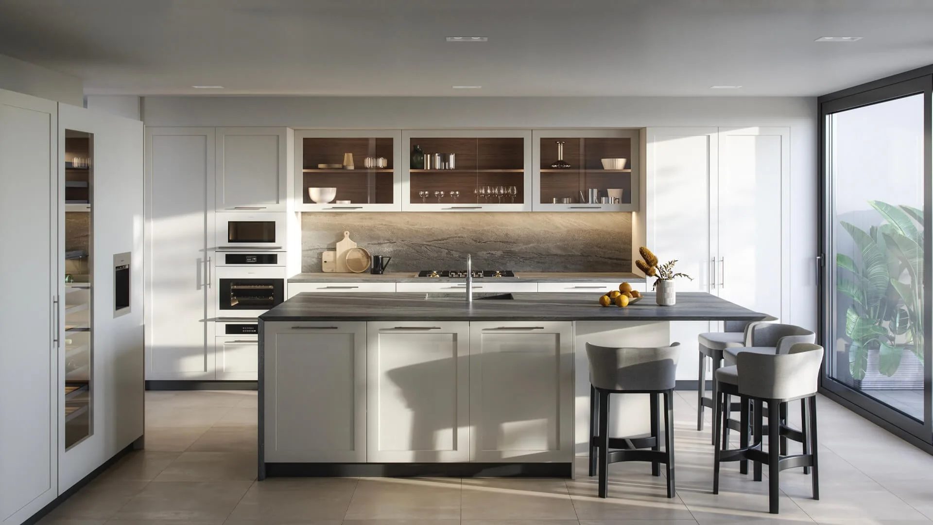 After-Real estate development kitchen design variations, dark and white cabinets